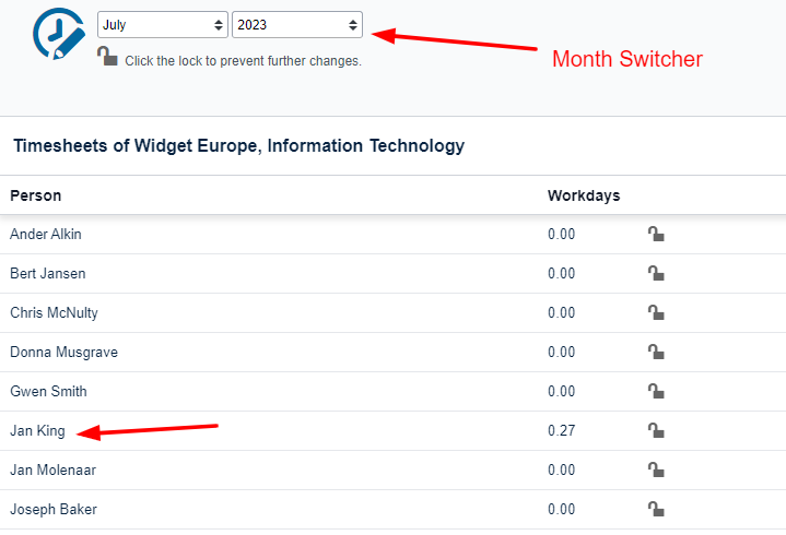 Switch User and Month on the Timesheets Console