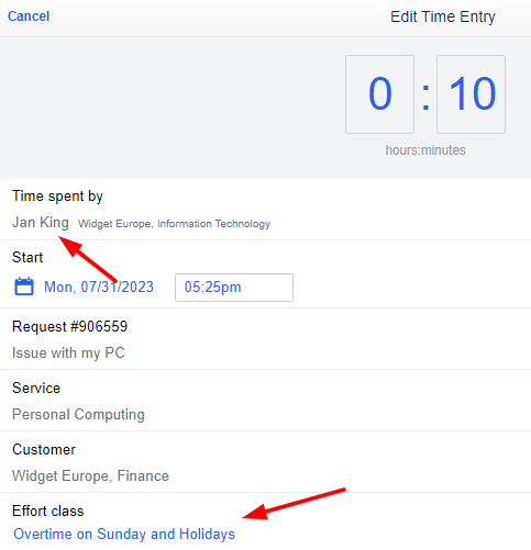 Modifying a time entry on the Self Service Portal